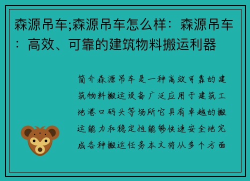 森源吊车;森源吊车怎么样：森源吊车：高效、可靠的建筑物料搬运利器