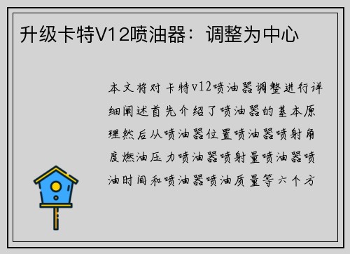 升级卡特V12喷油器：调整为中心