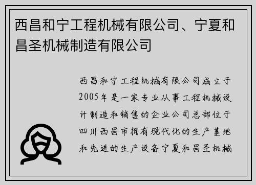 西昌和宁工程机械有限公司、宁夏和昌圣机械制造有限公司