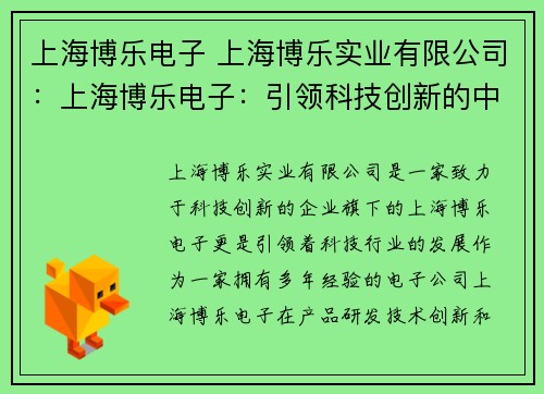 上海博乐电子 上海博乐实业有限公司：上海博乐电子：引领科技创新的中心